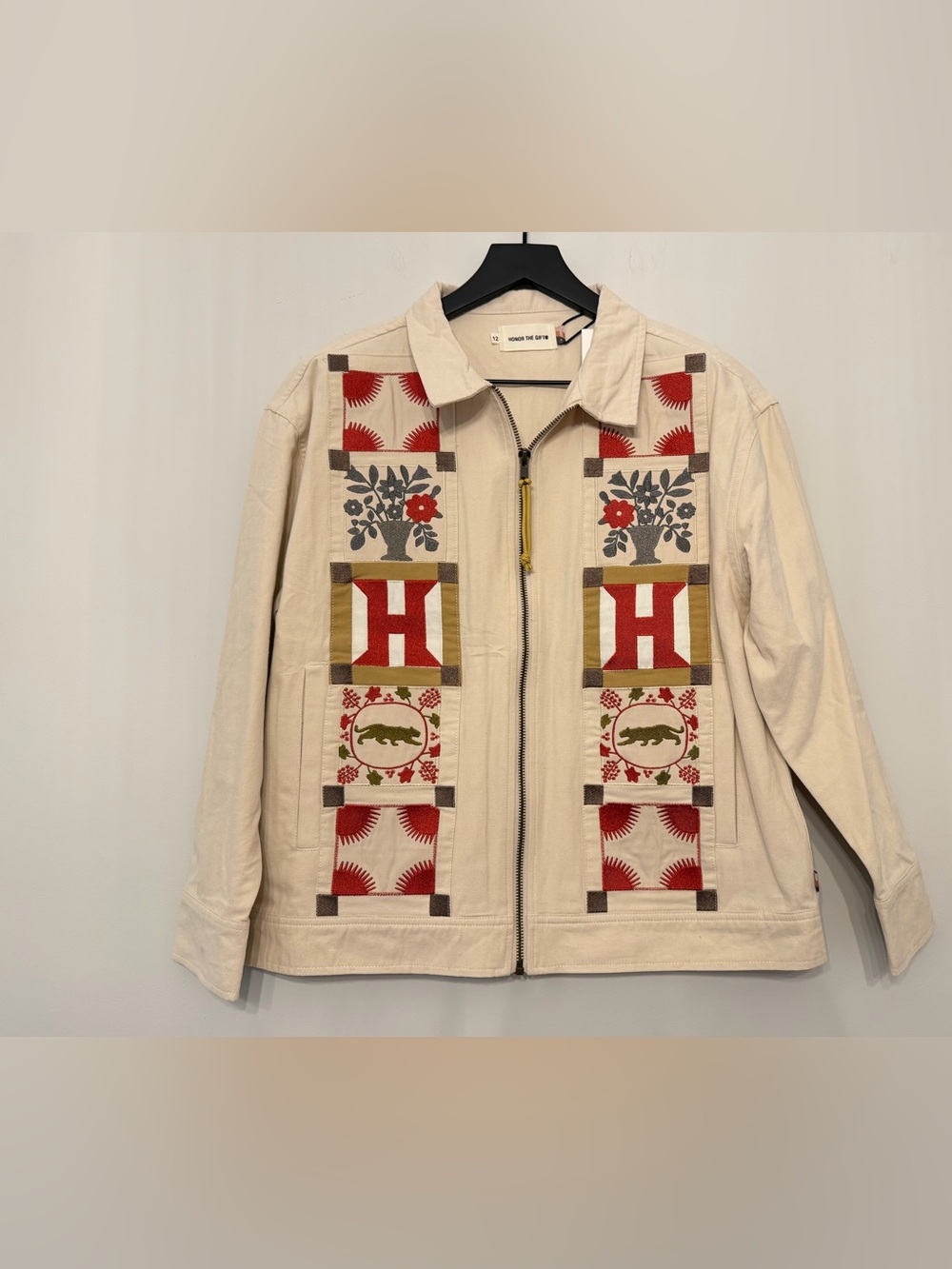Honor the Gift Cream Zip-Front Jacket with Red & Olive Patchwork